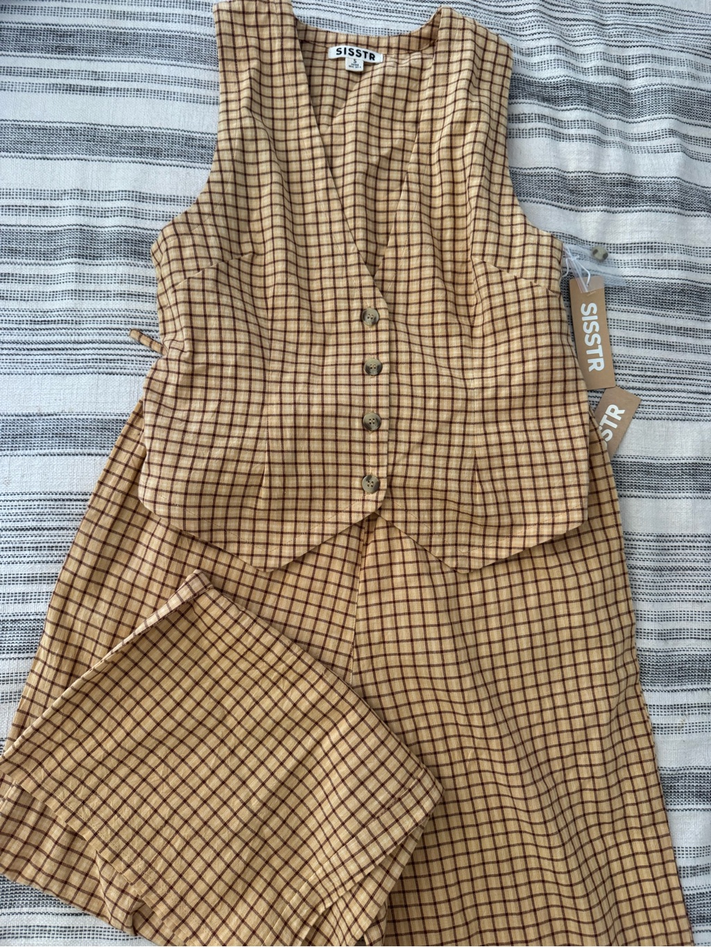 Sisstr Plaid Button Front Vest And Pants Set - Mustard Brown Check
